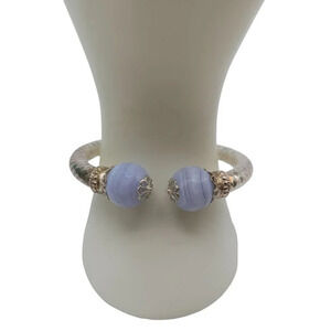 Sterling Silver Blue Lace Agate Cuff Bracelet 925 Vintage Waffle Texture
